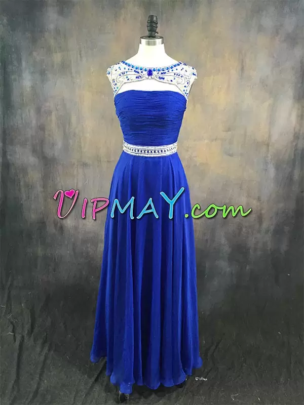 Royal Blue Chiffon Backless Scoop Sleeveless Floor Length Homecoming Dress Beading