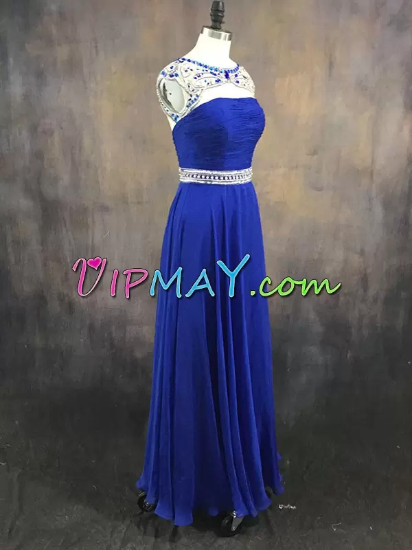 Royal Blue Chiffon Backless Scoop Sleeveless Floor Length Homecoming Dress Beading