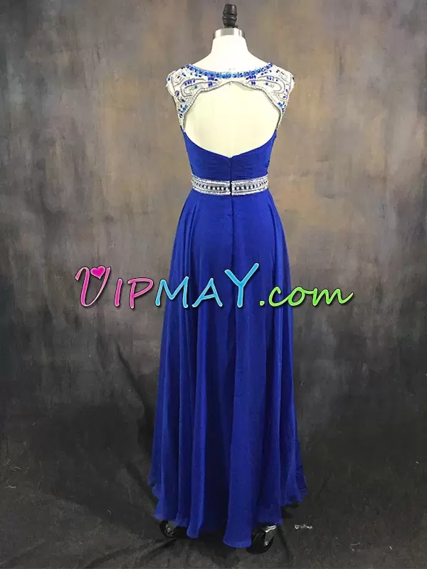 Royal Blue Chiffon Backless Scoop Sleeveless Floor Length Homecoming Dress Beading