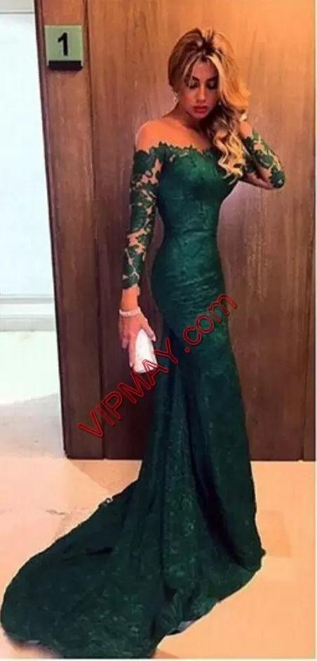 Romantic Lace Off The Shoulder Long Sleeves Sweep Train Lace Up Lace Homecoming Party Dress in Dark Green