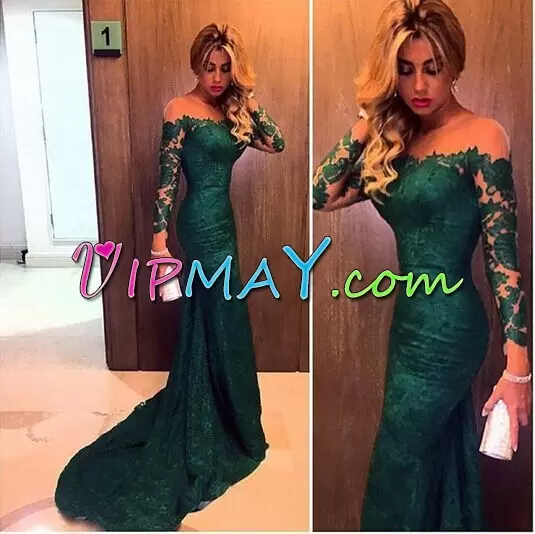 Romantic Lace Off The Shoulder Long Sleeves Sweep Train Lace Up Lace Homecoming Party Dress in Dark Green