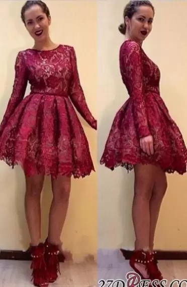 Red A-line Scoop Long Sleeves Zipper Lace Prom Dress