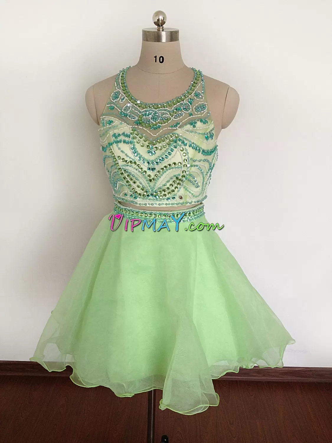 Hot Selling Yellow Green Tulle Zipper Scoop Sleeveless Mini Length Prom Party Dress Beading