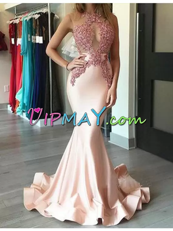 Edgy Pink Prom Gown Prom and Party with Appliques Scoop Sleeveless Sweep Train Lace Up