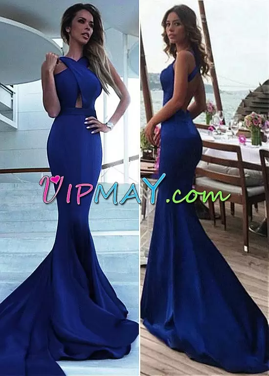 Romantic Halter Top Sleeveless Brush Train Backless Dress for Prom Royal Blue and Navy Blue Satin Ruching