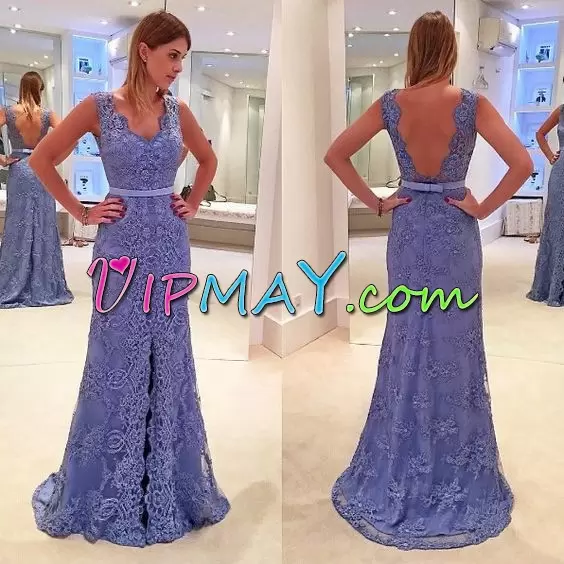 Best Lavender Sleeveless Tulle Brush Train Backless Homecoming Party Dress for Prom and Party and Military Ball