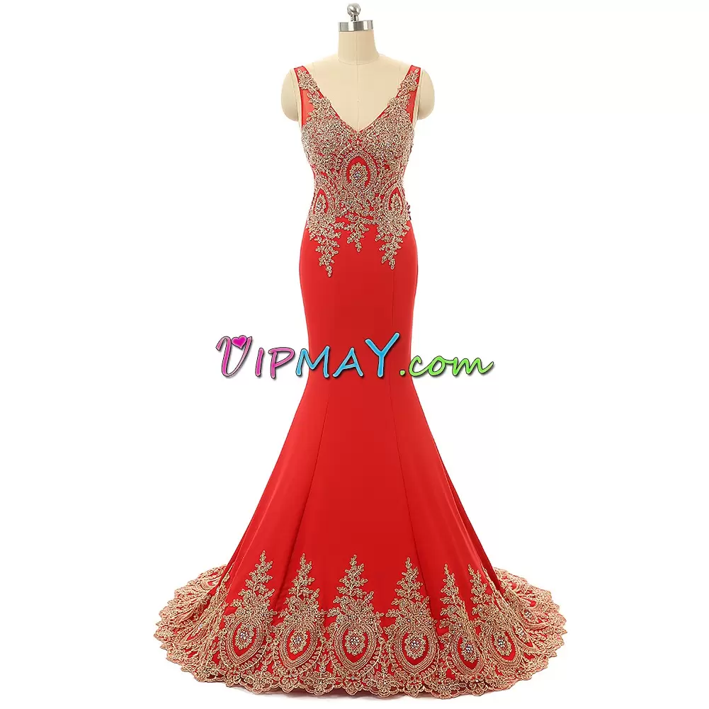 Discount Red Zipper V-neck Beading and Appliques Prom Homecoming Dress Chiffon Sleeveless Sweep Train