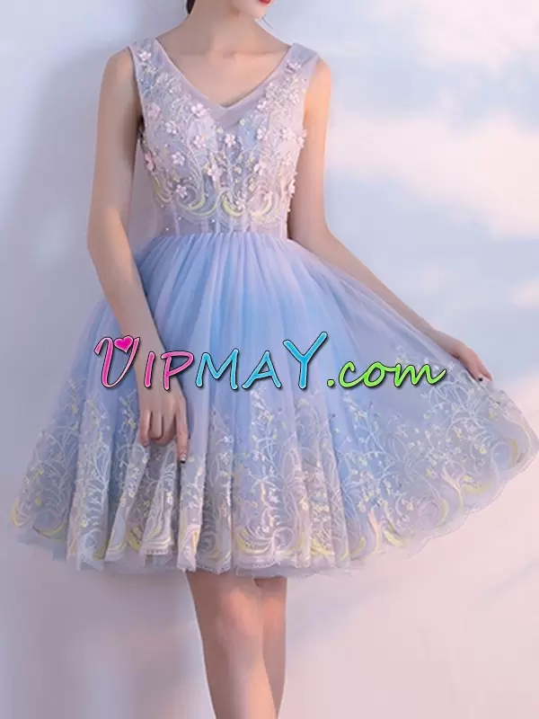 Great Light Blue A-line Tulle V-neck Sleeveless Beading and Appliques Mini Length Zipper Homecoming Dress