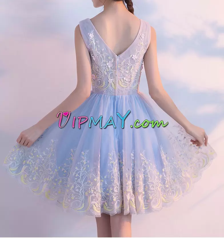 Great Light Blue A-line Tulle V-neck Sleeveless Beading and Appliques Mini Length Zipper Homecoming Dress