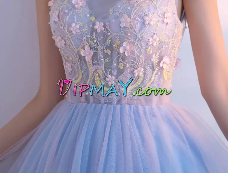 Great Light Blue A-line Tulle V-neck Sleeveless Beading and Appliques Mini Length Zipper Homecoming Dress