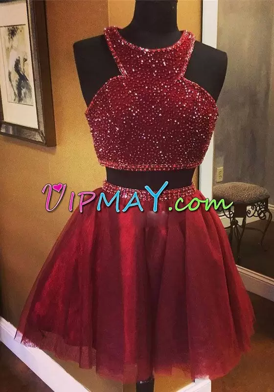 Cute Two Pieces Prom Party Dress Wine Red Halter Top Tulle Sleeveless Mini Length Zipper