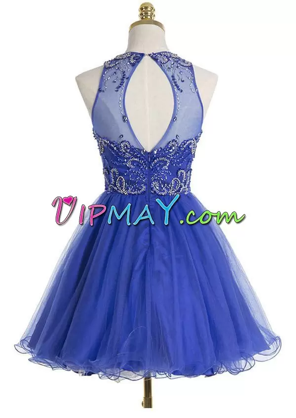 New Arrival Sleeveless Knee Length Beading Backless Prom Dress with Royal Blue