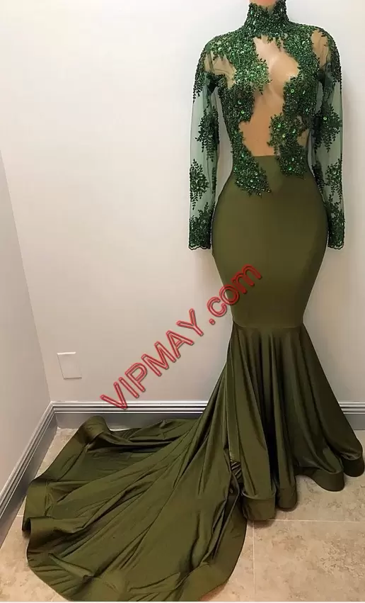 Olive Green Lace Up High-neck Long Sleeves Homecoming Dress Online Brush Train Beading