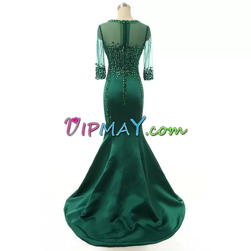 High Quality 3 4 Length Sleeve Satin and Tulle With Brush Train Zipper Prom Dress in Green with Beading