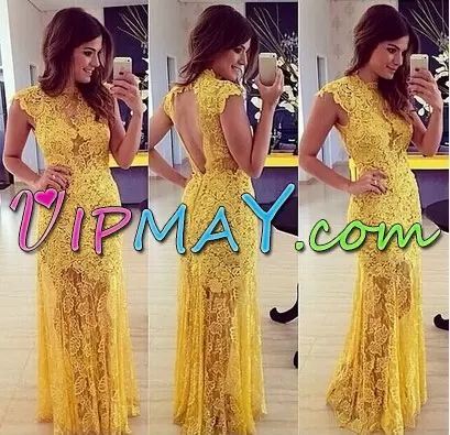 Custom Design Floor Length Backless Homecoming Dress Yellow for Prom with Lace