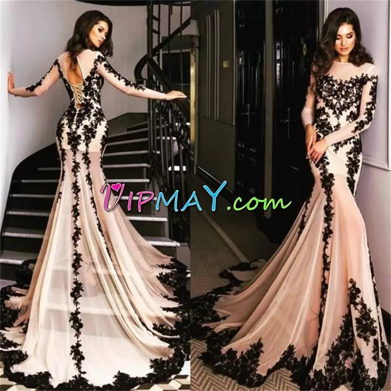 Lovely Black Tulle Lace Up Bateau Long Sleeves Prom Dresses Brush Train Appliques