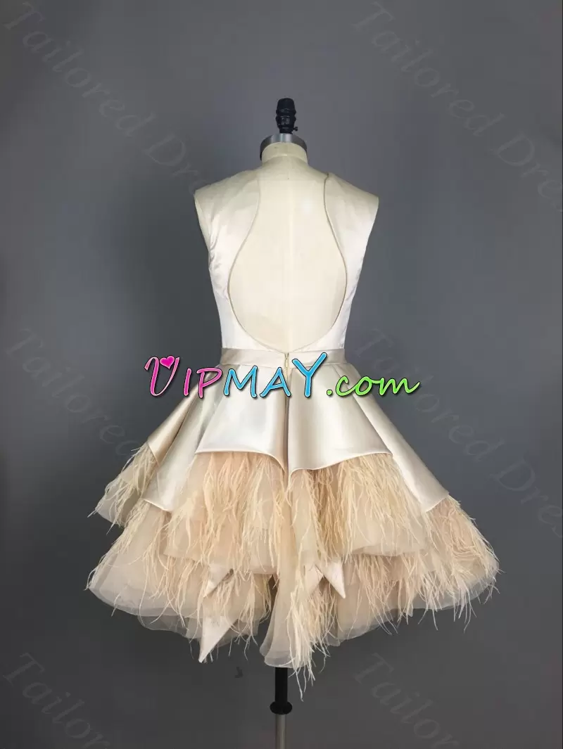 Sophisticated Champagne Backless Ruffled Layers and Belt Sleeveless Mini Length