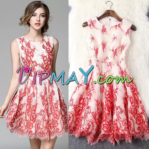 Captivating Lace Homecoming Dress White And Red Zipper Sleeveless Mini Length