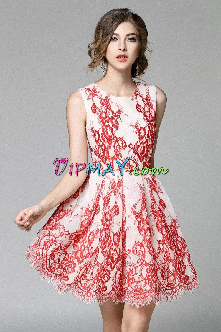 Captivating Lace Homecoming Dress White And Red Zipper Sleeveless Mini Length