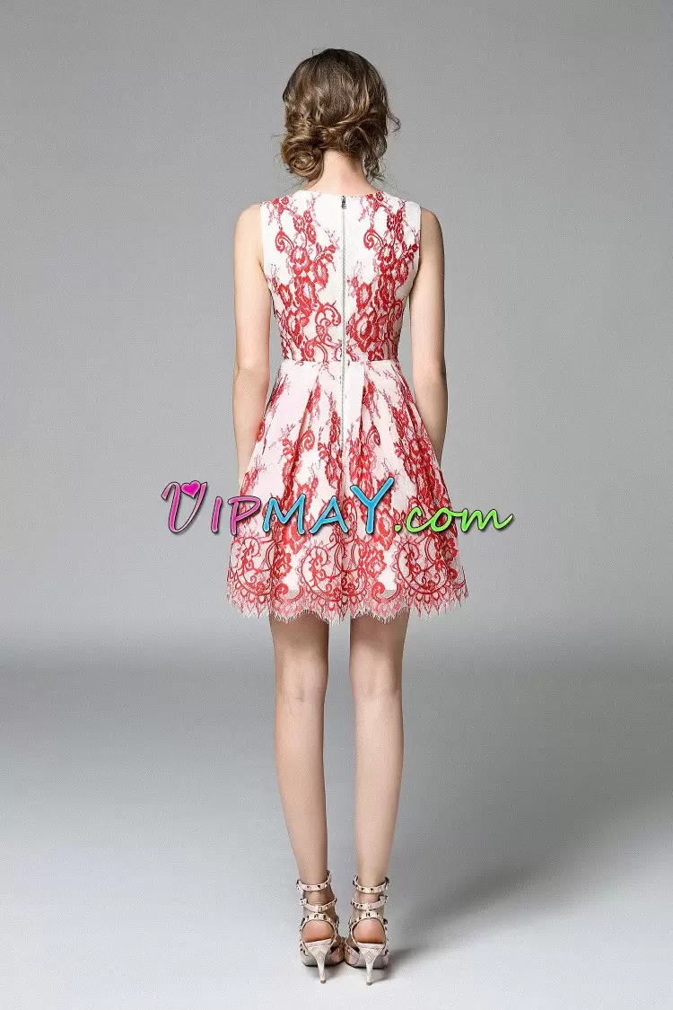 Captivating Lace Homecoming Dress White And Red Zipper Sleeveless Mini Length