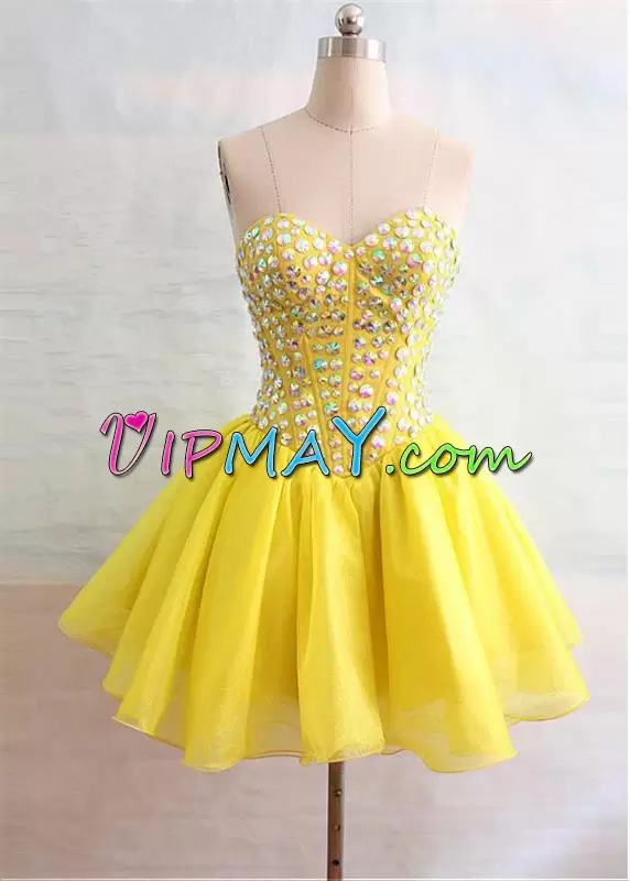 Vintage Yellow Sweetheart Lace Up Beading Prom Gown Sleeveless