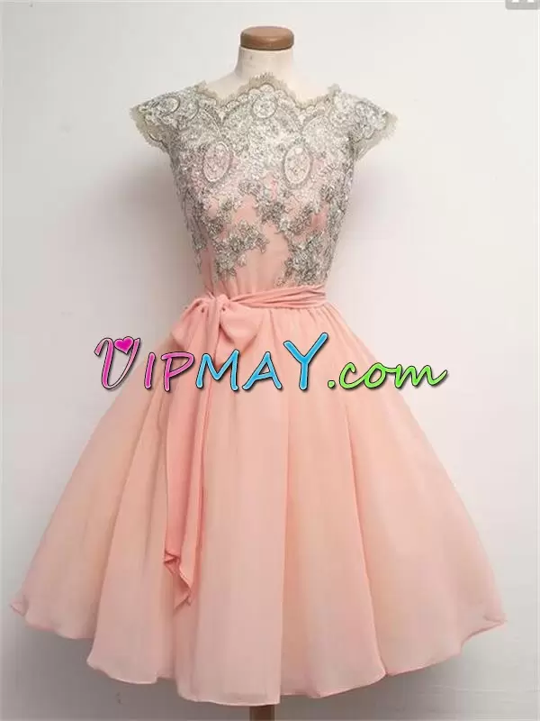 A-line Homecoming Dress Pink High-neck Chiffon Cap Sleeves Mini Length Lace Up