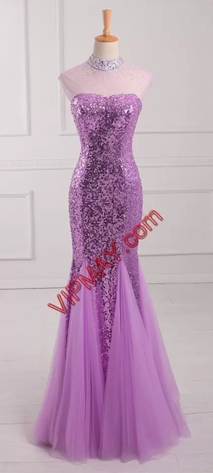 Floor Length Mermaid Sleeveless Dark Purple Prom Gown Sweep Train Lace Up