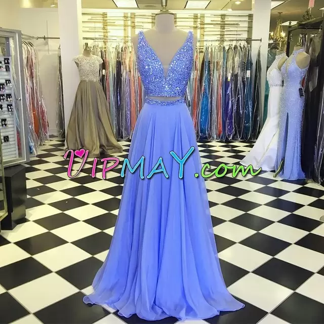 Chiffon V-neck Sleeveless Beading Prom Dress in Blue
