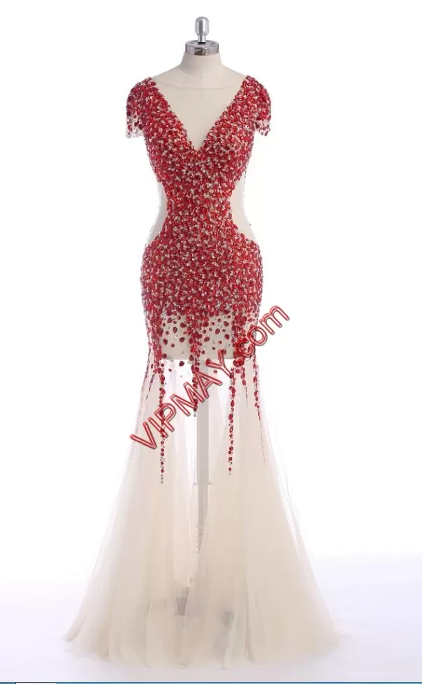 Modern Red and Champagne Tulle Lace Up Scoop Short Sleeves Floor Length Prom Dress Beading and Appliques