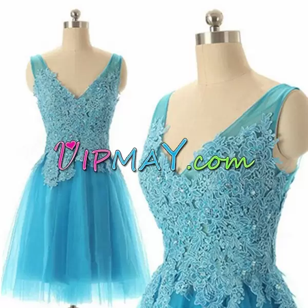 Custom Fit Baby Blue Hoco Dress Prom and Party with Appliques V-neck Sleeveless Side Zipper