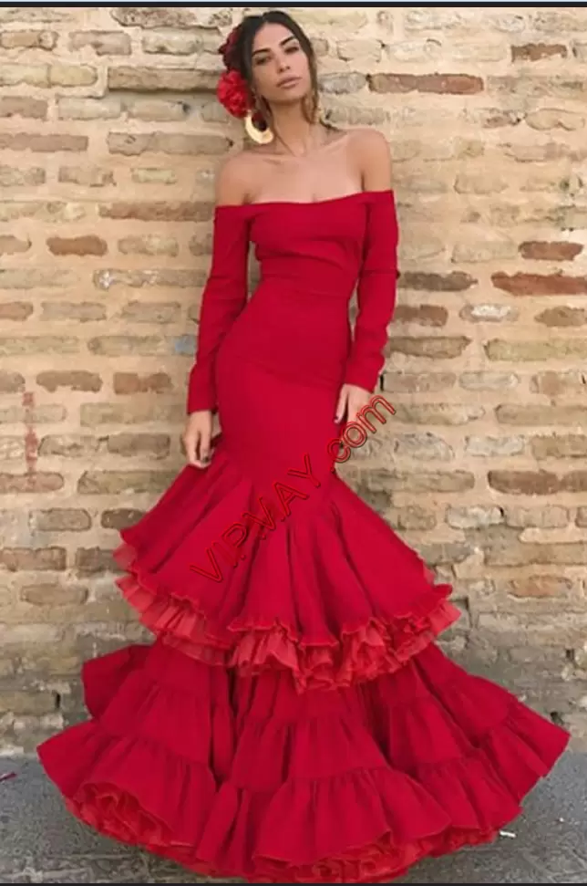 Red Lace Up Prom Dresses Ruffled Layers Long Sleeves Floor Length