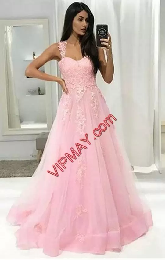 Floor Length Pink Straps Sleeveless Lace Up Prom Dress