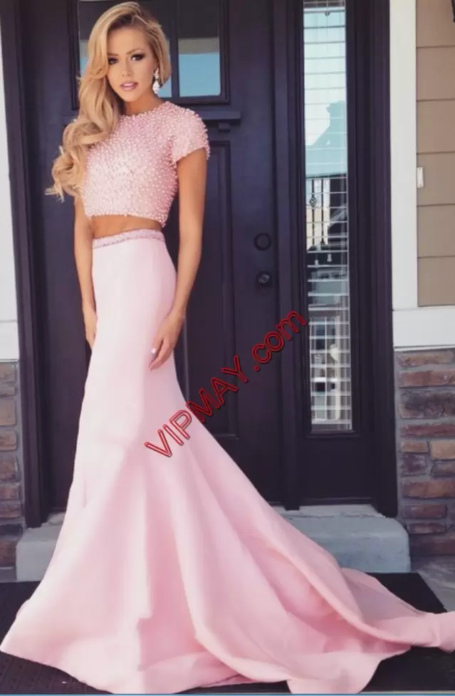 Pink Lace Up Junior Homecoming Dress Beading Short Sleeves Sweep Train