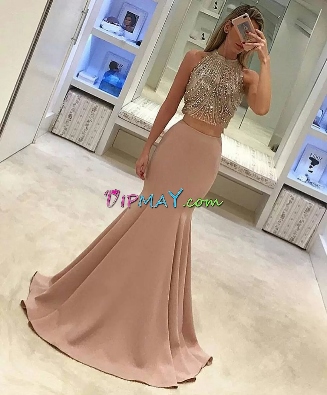 Sleeveless Floor Length Sweep Train Lace Up Evening Outfits in Peach with Beading
