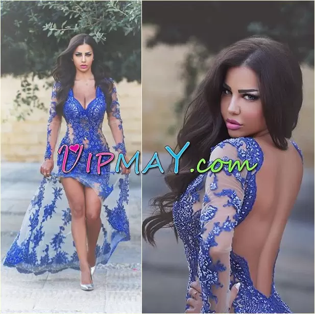 Flare Beading and Lace Prom Evening Gown Royal Blue Backless Long Sleeves Floor Length