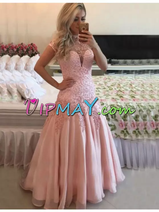 Trendy A-line Prom Dresses Pink High-neck Chiffon Cap Sleeves Backless