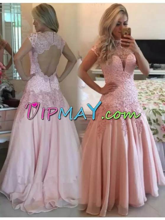 Trendy A-line Prom Dresses Pink High-neck Chiffon Cap Sleeves Backless