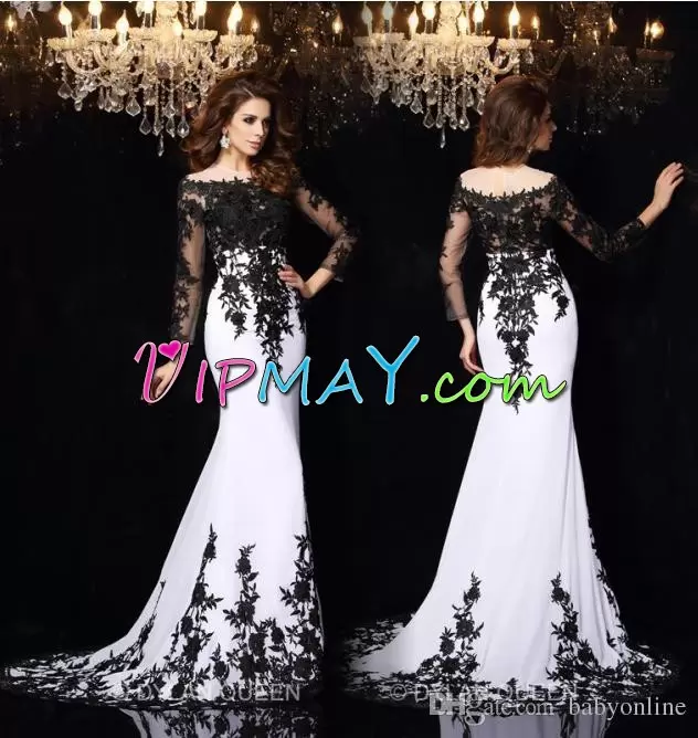 Beauteous Black Mermaid Chiffon Off The Shoulder Long Sleeves Appliques High Low Zipper Prom Evening Gown Brush Train