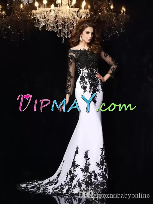 Beauteous Black Mermaid Chiffon Off The Shoulder Long Sleeves Appliques High Low Zipper Prom Evening Gown Brush Train