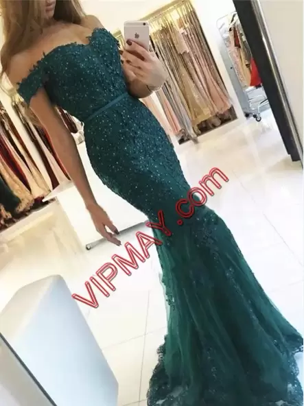 Colorful Sweep Train Mermaid Prom Evening Gown Green Off The Shoulder Tulle Sleeveless Zipper