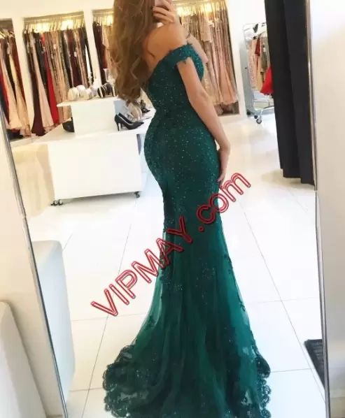 Colorful Sweep Train Mermaid Prom Evening Gown Green Off The Shoulder Tulle Sleeveless Zipper