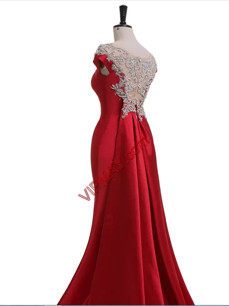 Dramatic Cap Sleeves Scoop Sweep Train Beading Zipper Formal Evening Gowns