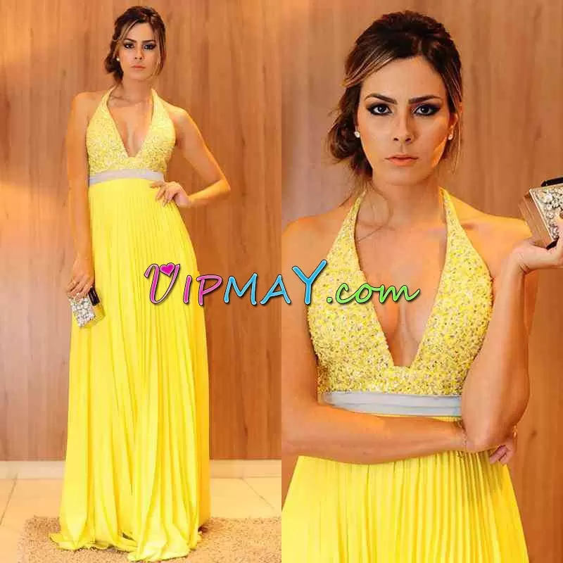 Glittering Sleeveless Chiffon Floor Length Lace Up Prom Evening Gown in Yellow with Beading and Ruching