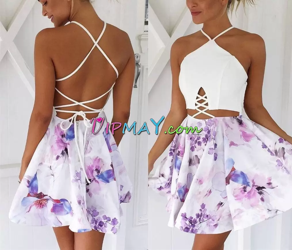 Halter Top Mini Length Ruching Criss Cross Floral 2 Pieces Junior Homecoming Dress with Multi-color