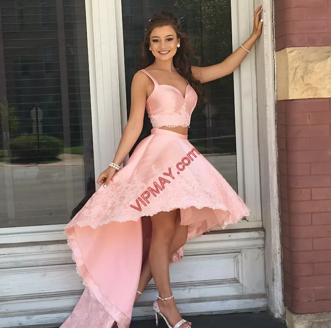 pretty two piece prom dress,beautiful two piece prom dress,unique two piece prom dress,high low occasion prom dress,high low prom dress with train,high low hemline prom dress,high low pink prom dress,simple light pink prom dress,long satin prom dress cheap,cheap pink prom dress under 100,cheap prom gowns under 100,light pink prom dress under 100,