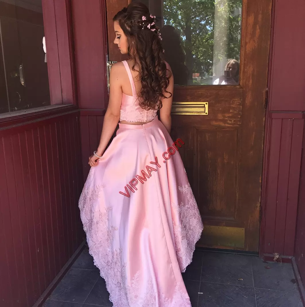 pretty two piece prom dress,beautiful two piece prom dress,unique two piece prom dress,high low occasion prom dress,high low prom dress with train,high low hemline prom dress,high low pink prom dress,simple light pink prom dress,long satin prom dress cheap,cheap pink prom dress under 100,cheap prom gowns under 100,light pink prom dress under 100,