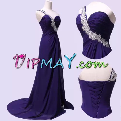 Lovely With Train Purple Prom Evening Gown One Shoulder Sleeveless Sweep Train Lace Up