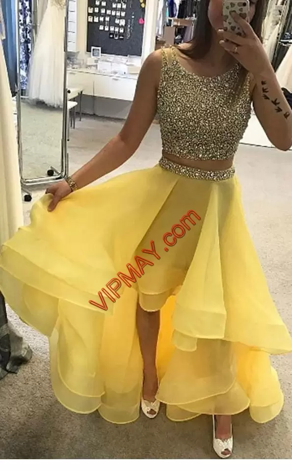 Fantastic High Low Prom Dress Yellow for Prom and Party and Military Ball with Beading