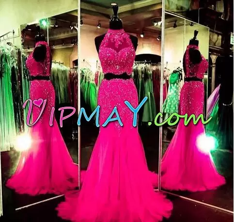 Hot Pink and Fuchsia Two Pieces Beading Hoco Dress Backless Tulle Sleeveless