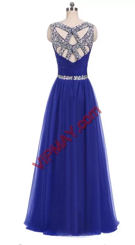 Exquisite Royal Blue Sleeveless Beading Floor Length Prom Dresses